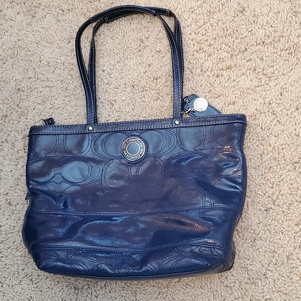 Coach Patent Marine Navy Blue Leather Logo Mini Tote Purse - Picture 14 of 16